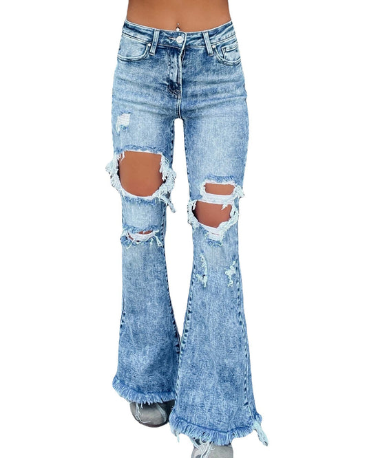 Autumn European and American casual distressed water washed micro flared pants jeans